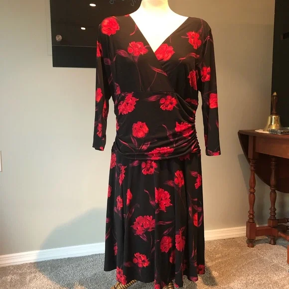 New with tags Black Dress with red floral design - Picture 2 of 13